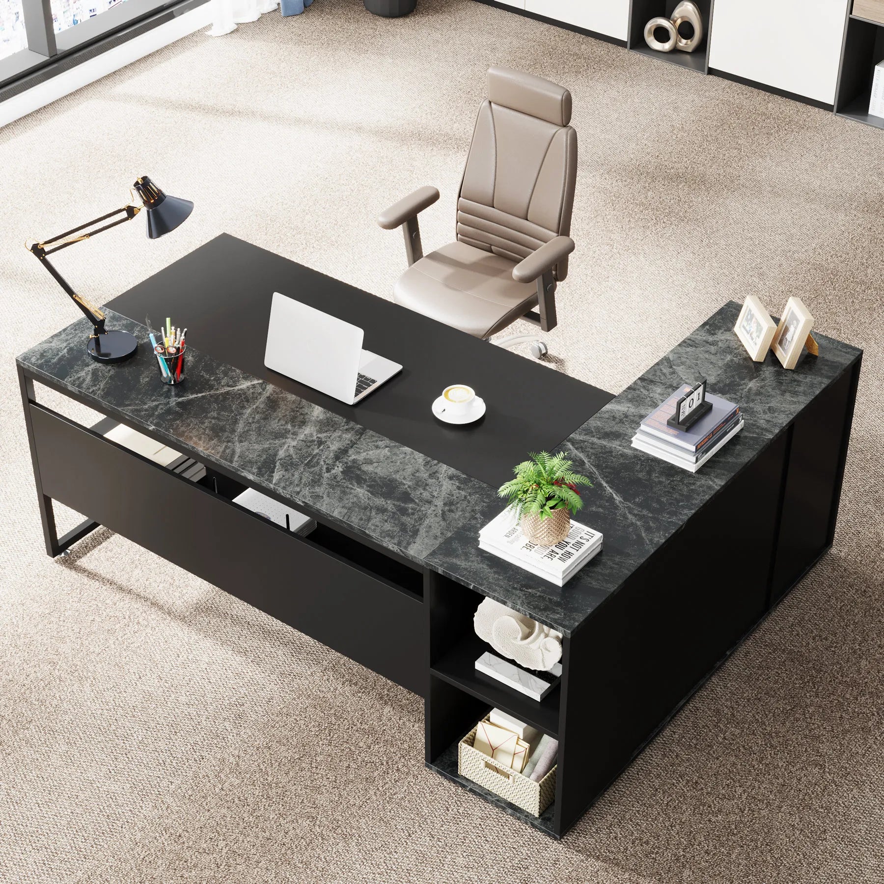 Tribesigns 71 inch Executive Desk L Shaped Desk with Cabinet Storage Executive Office Desk with Shelves - black