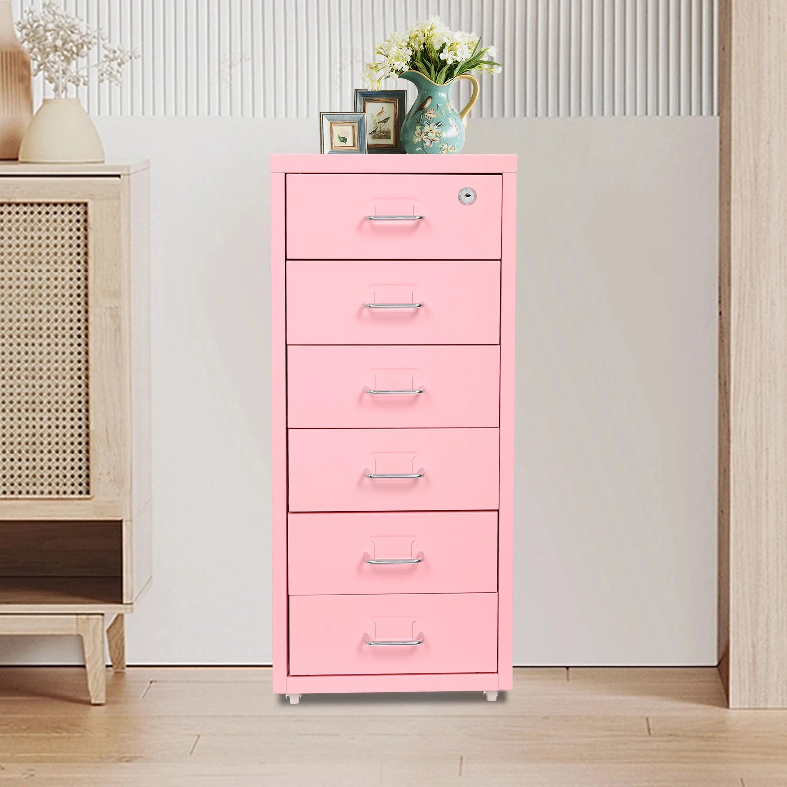 6 Tiers Cold-rolled Steel Filing Cabinet,Pink Metal File Cabinet with Lock 28*41*69cm Wipe with Soft Cloth