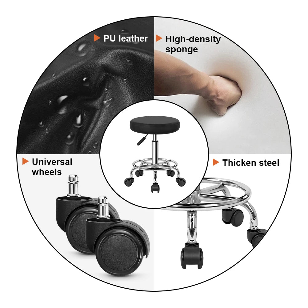 KKTONER PU Leather Round Rolling Stool with Foot Rest Swivel Height Adjustment Spa Drafting Salon Tattoo Work Office