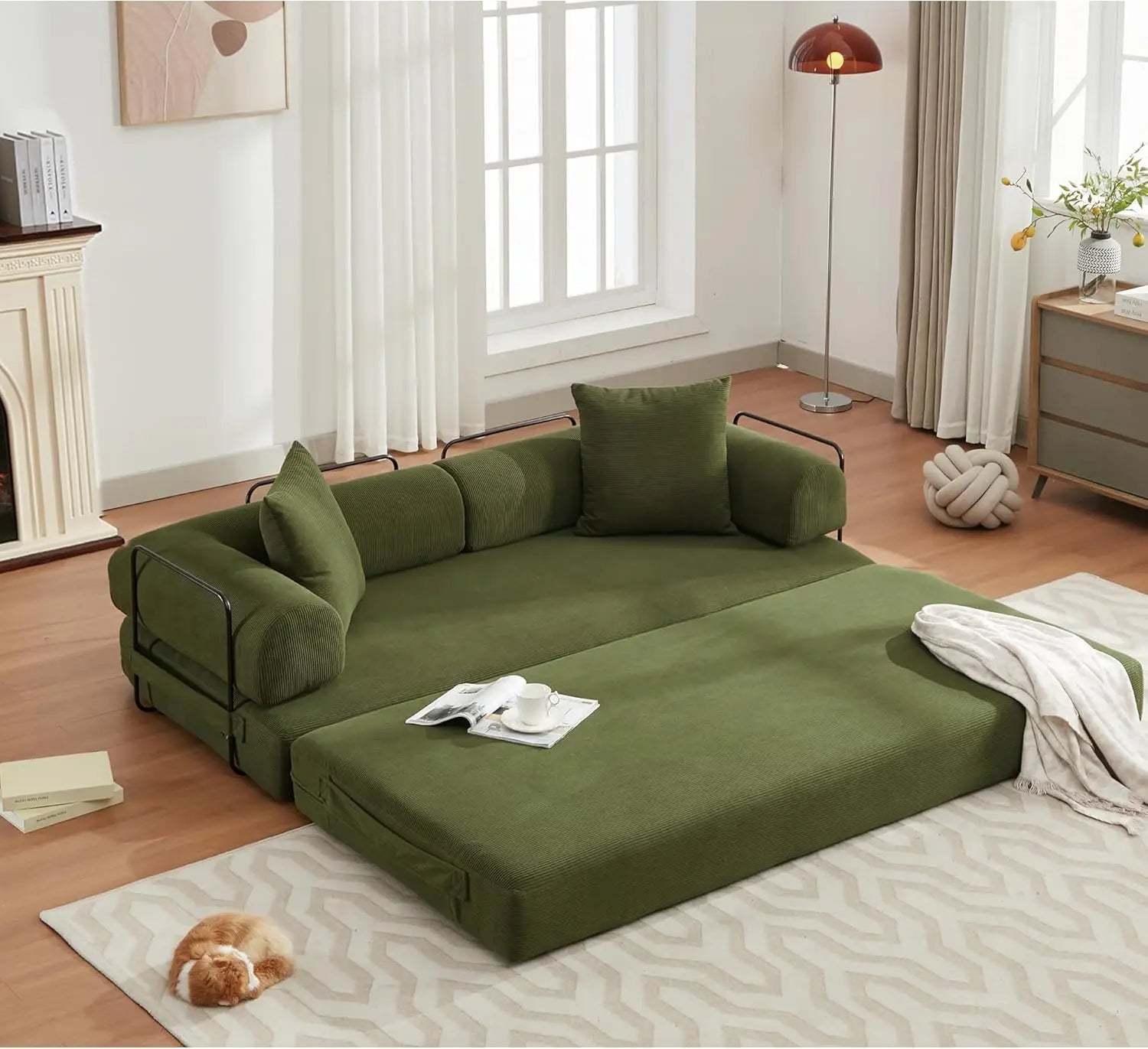 Convertible Sleeper Sofa Bed with Cylindrical Pillow Corduroy Folding Mattress Couch with Fixed-Shape Frame Floor Sofa