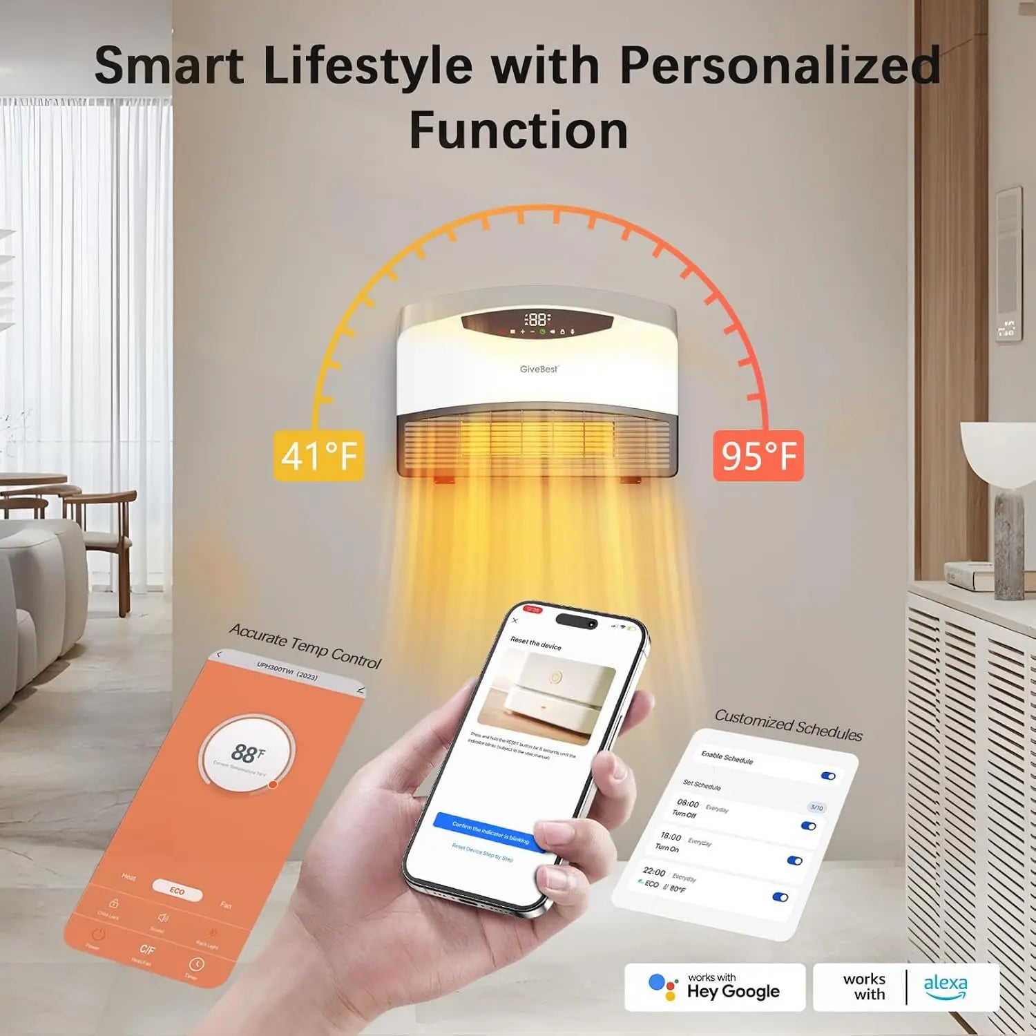 Smart Wall Heater 1500W with Alexa WiFi & Remote Control Adjustable Thermostat 24H Timer Easy Mount for Bedroom Office