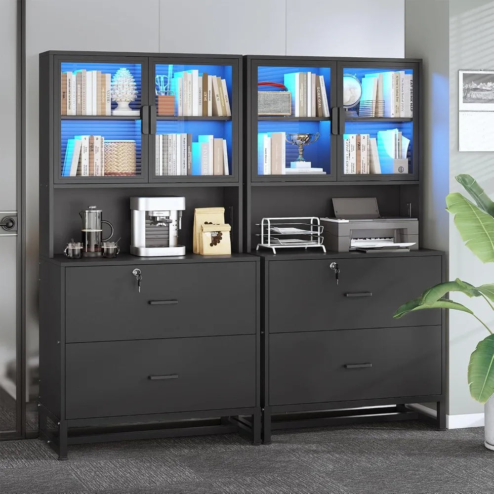 2 Drawer File Cabinet with Lock & Charging Station Filing Cabinet Fits Letter Legal A4 Size Multi-Functional Office