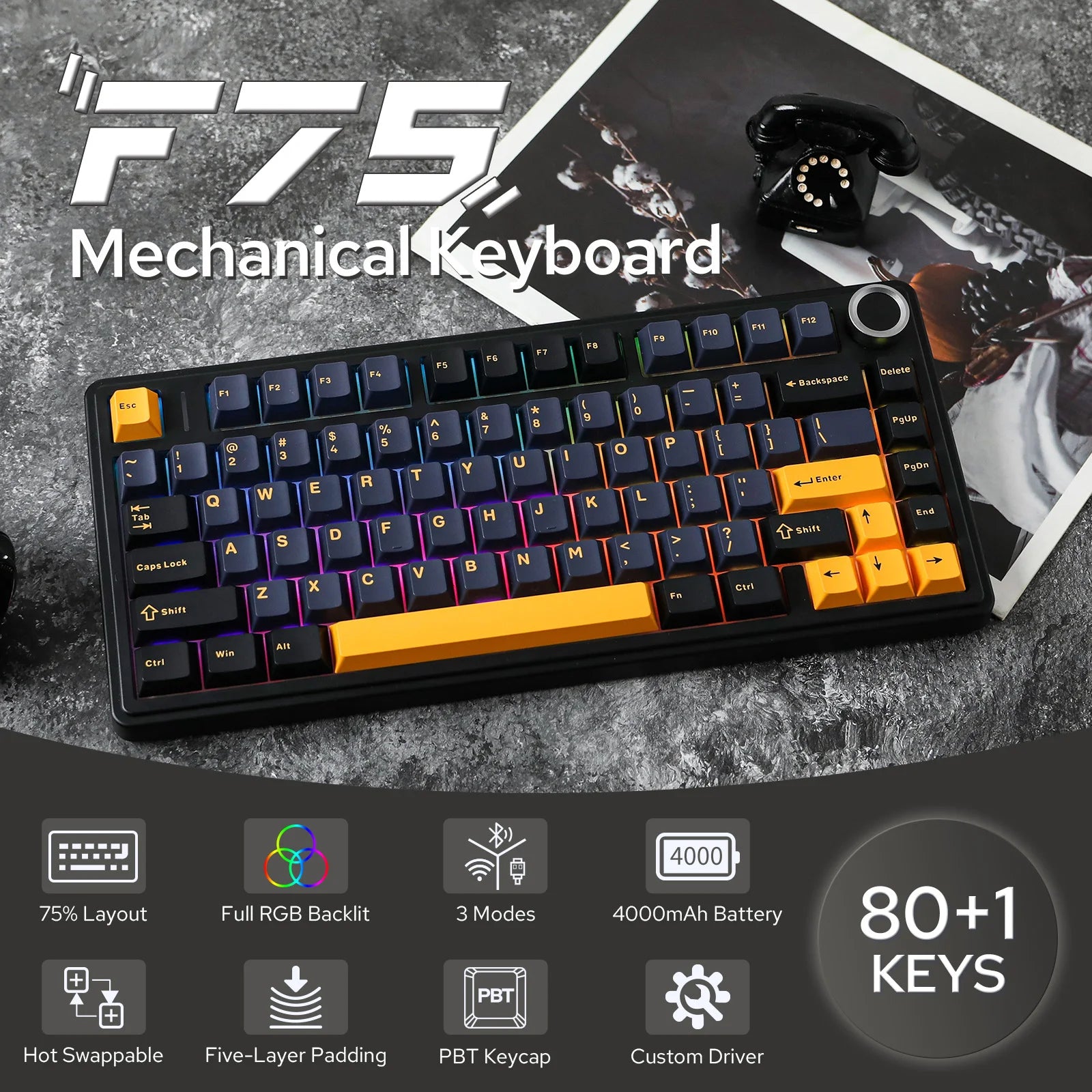 EPOMAKER x AULA F75 75% ANSI Layout Hot-Swap Wired/Bluetooth/2.4GHz Wireless Mechanical Keyboard With Multimedia
