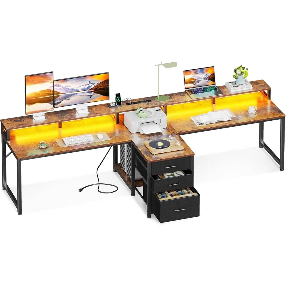 94’’ Computer Desk with Fabric Drawer & File Cabinet- 2 Person Home Office Desk with Power Outlet & LED Light