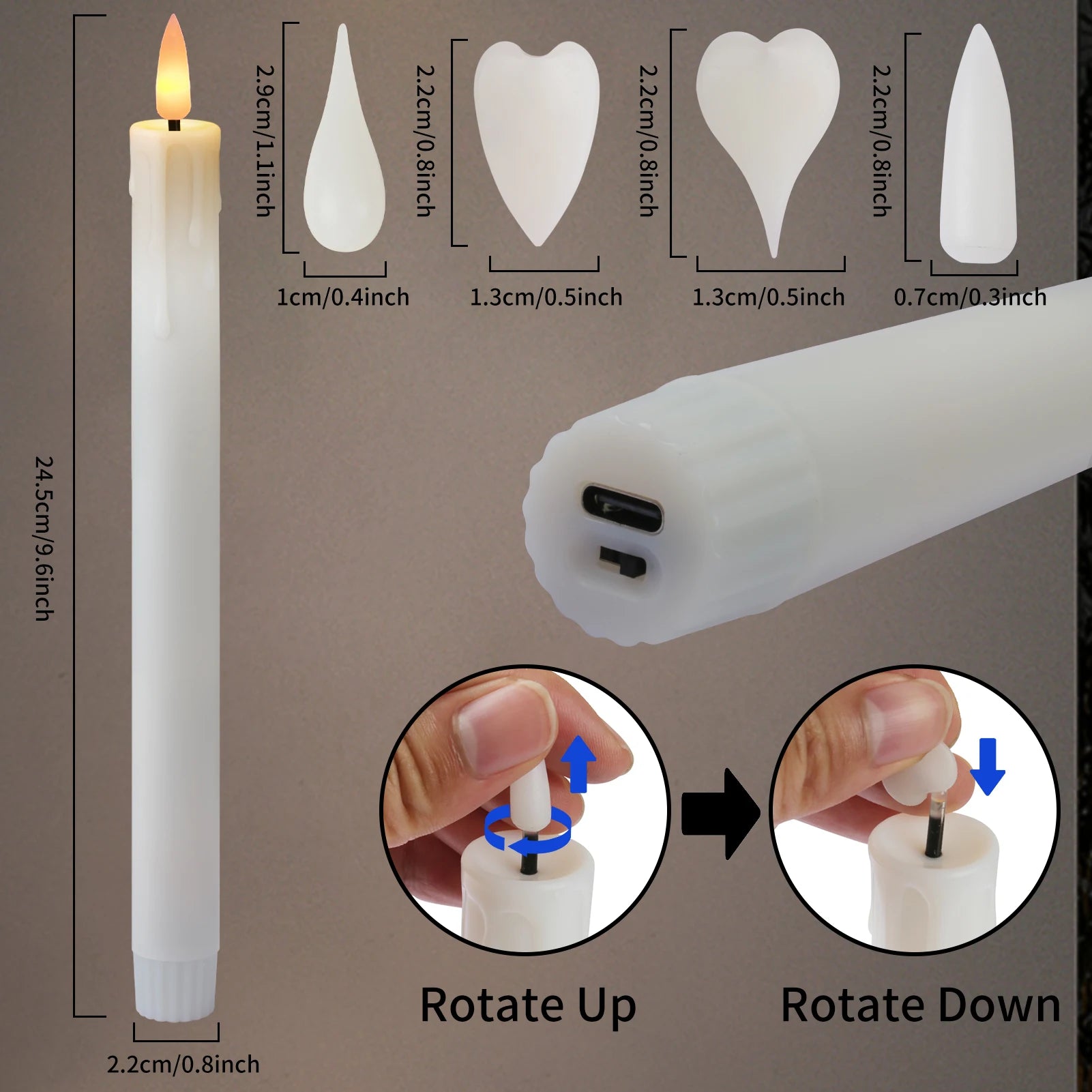 Rechargeable Flameless LED Taper Candles with Timer Remote & USB Charging Cable Flickering Dripping Wax Window Tall