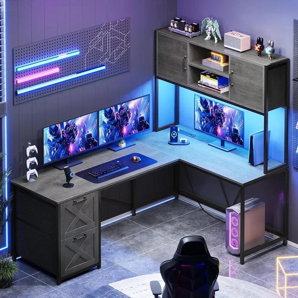 L Shaped Gaming Desk Reversible Computer Desk with Fabric Drawers and Power Outlet Gaming Desk with Led Lights