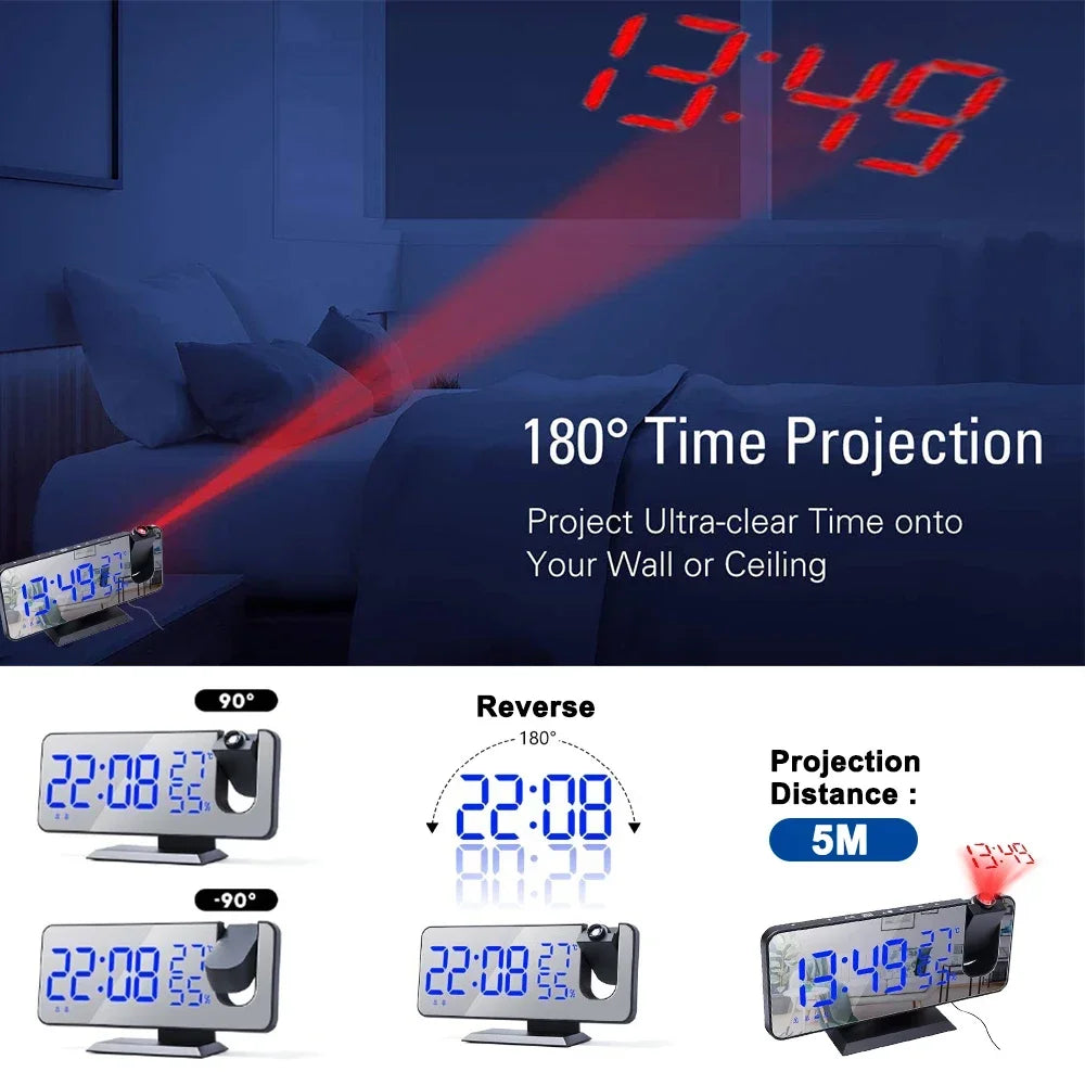 LED Digital Projection Alarm Clocks USB Electronic Ceiling Projector Alarm Clock with FM Radio for Bedroom Bedside