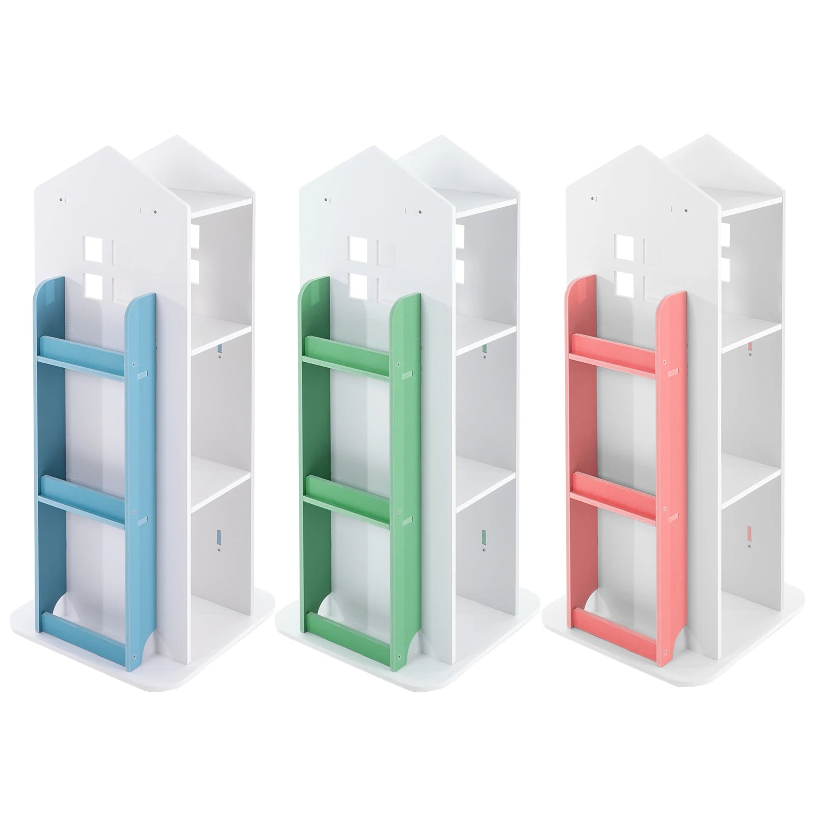 Rotating Kids Bookshelf with 4 Tiers Eco-Friendly PVC Material Castle Shape Design 360° Swivel Large Storage Space