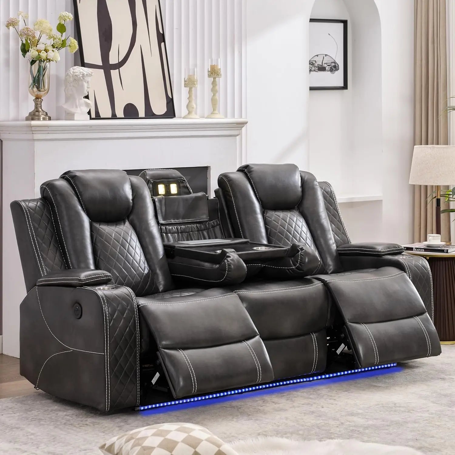 TODRANI Power Reclining Sofa Gravity w/ Wireless Charger,LED Floor Lights,Reading Light Drop-down Table USB/Type-C