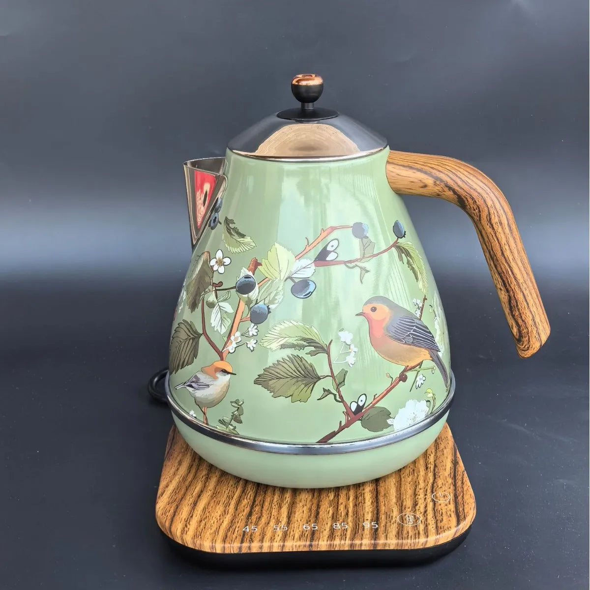 1.7L Retro Green Paint Decal Electric Kettle Wood Grain Handle 304 Stainless Steel Temperature Control Teapot Keep Warm