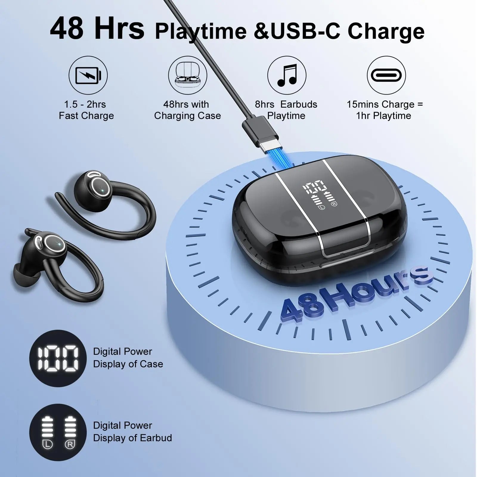 Headphones Wireless Earbuds Sport 48H Wireless Earphones with HD Mic IP7 Waterproof Earbud for Sports/Running/Workout.