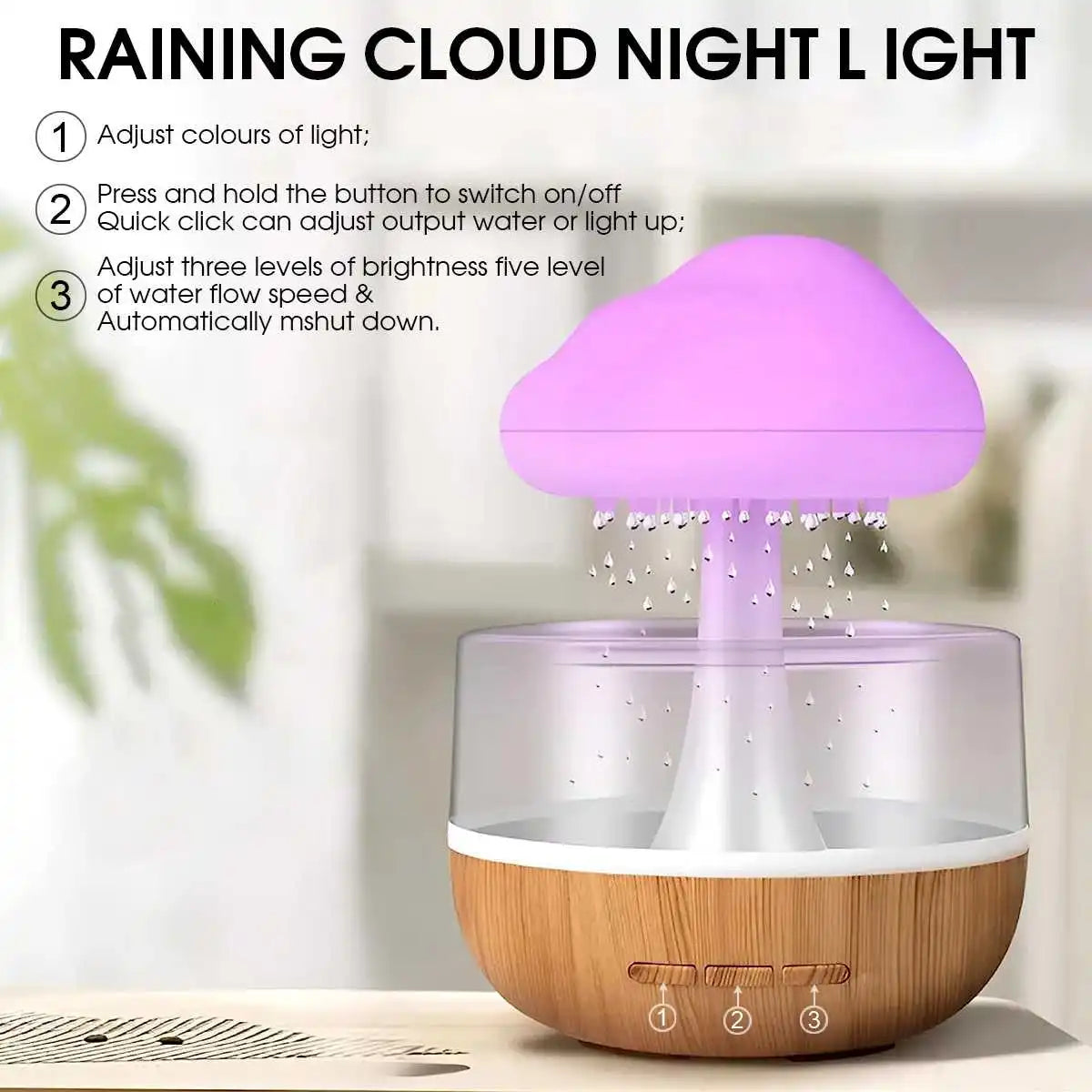 Rain Cloud Humidifier Rain Colorful Mushroom Cloud Raindrop Atmosphere Lamp Night Light Essential Oil Small