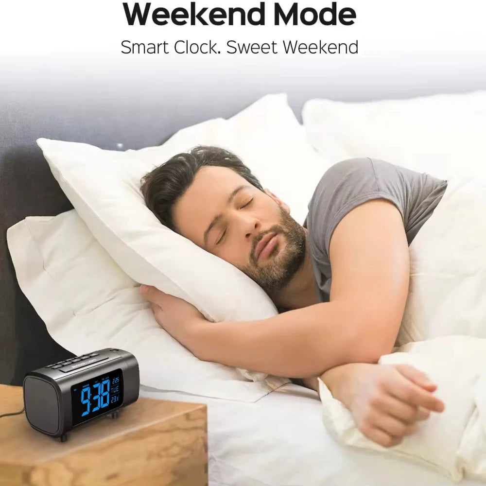 Digital Projection Alarm Clock for Bedroom Radio Alarm Clock Temperature Monitor 4-Level Dimmer 12/24H Table Mute Alarm