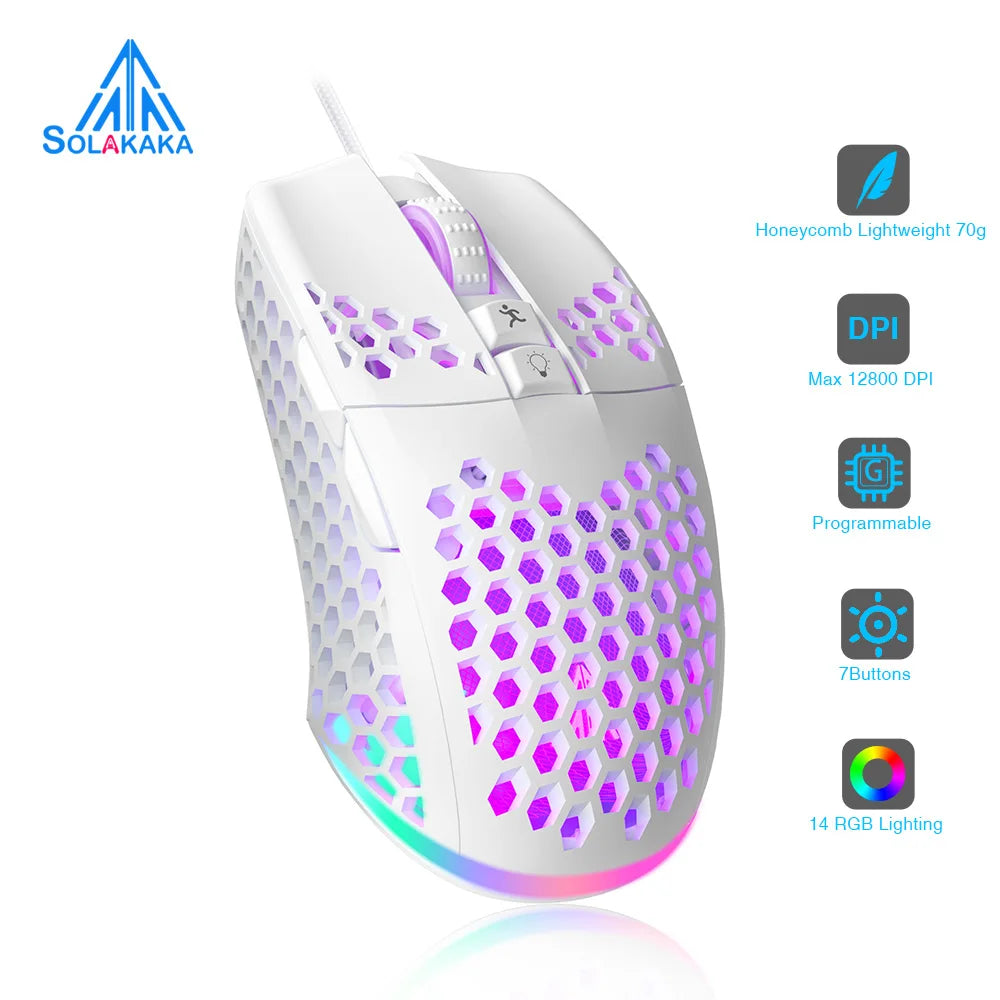 SM900 Wired Gaming Mouse Low Latency 12800 DPI 7 Buttons Macro Software Honeycomb Mice for PC Laptop - White / United