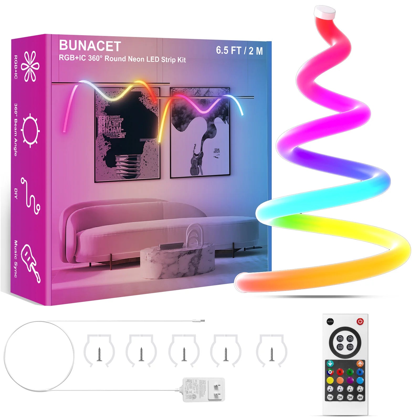 Neon LED Strip 360 Degree Round 216LEDS/M RGBIC Bluetooth Light Flexible IP65 Waterproof Lights for Decor Bedroom