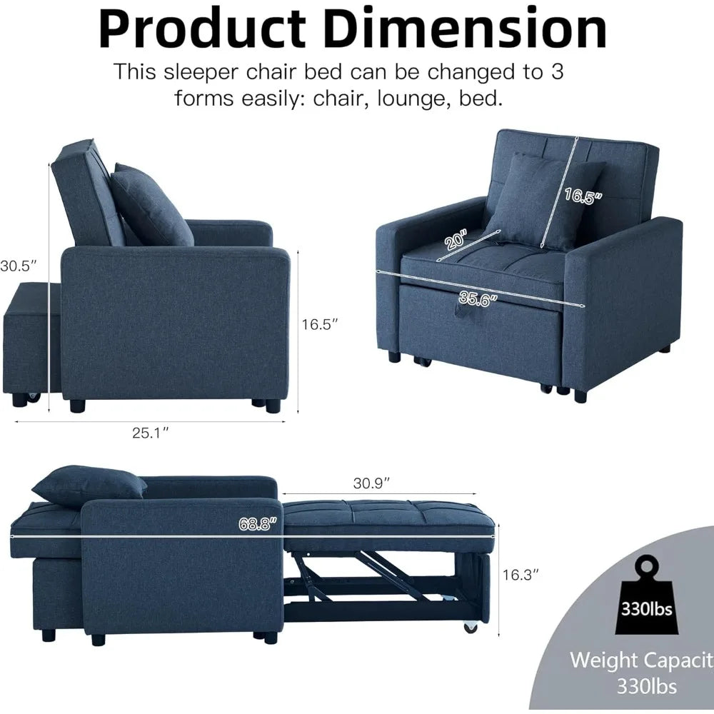 Convertible Sofa Bed with Pull-Out Sleeper and Reclining Backrest in Blue (35) - Blue / United States