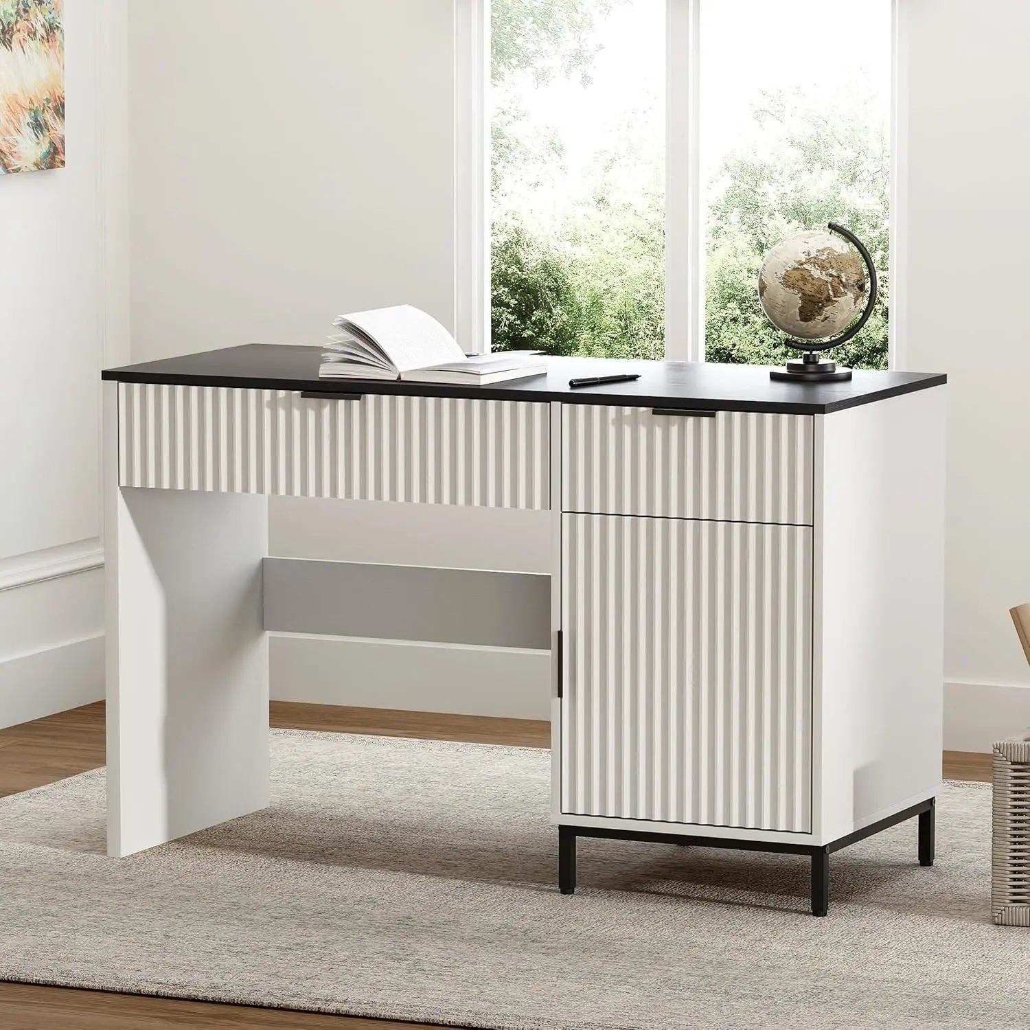 47’’ Fluted Executive Desk Modern Wood Home Office Desk with Charging Station Professional Workstation w/ USB Ports &