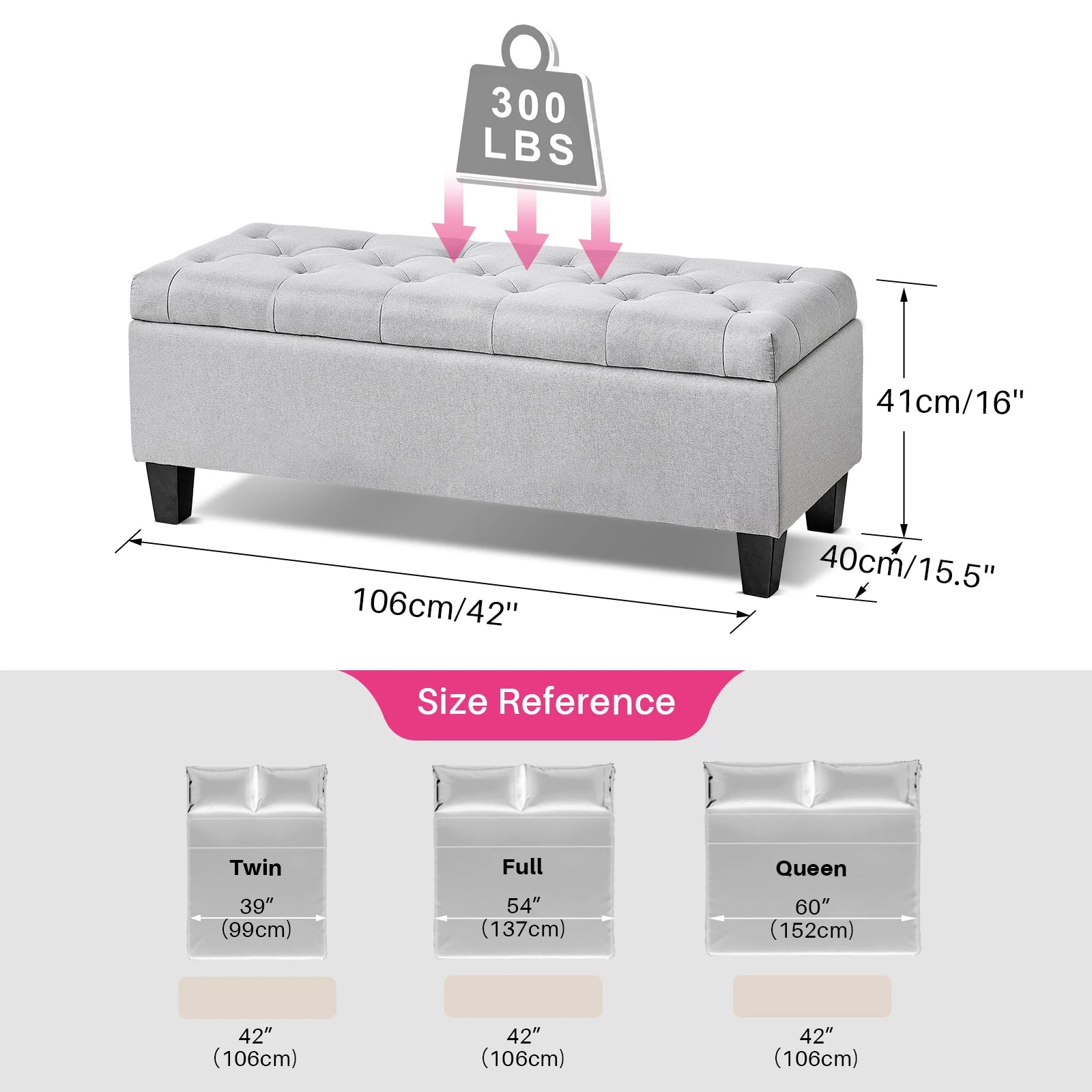 Redlife 42’’ Storage Ottoman Bench Tufted Entryway Bedroom Bench Footrest Stool w/ Flipping Lid Safety Hinge 66 L