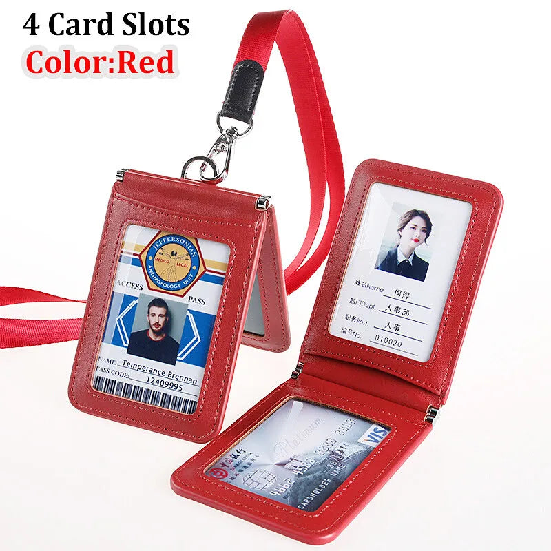 Top Grade Genuine Leather ID Badge Holder Business Cards Holders with Neck Lanyard Formal Staff Magnet Closed ID Card