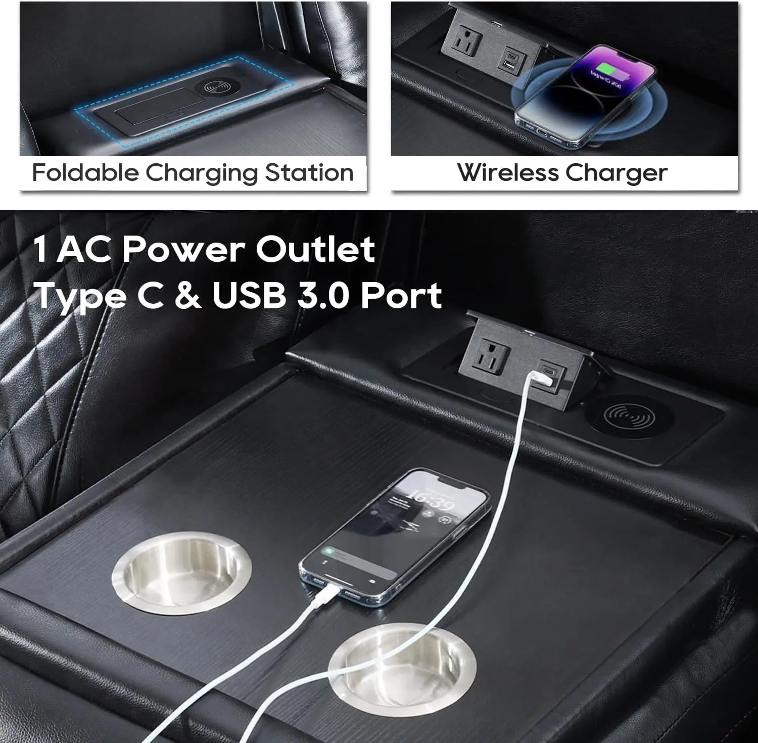 TODRANI Power Reclining Sofa Gravity w/ Wireless Charger,LED Floor Lights,Reading Light Drop-down Table USB/Type-C