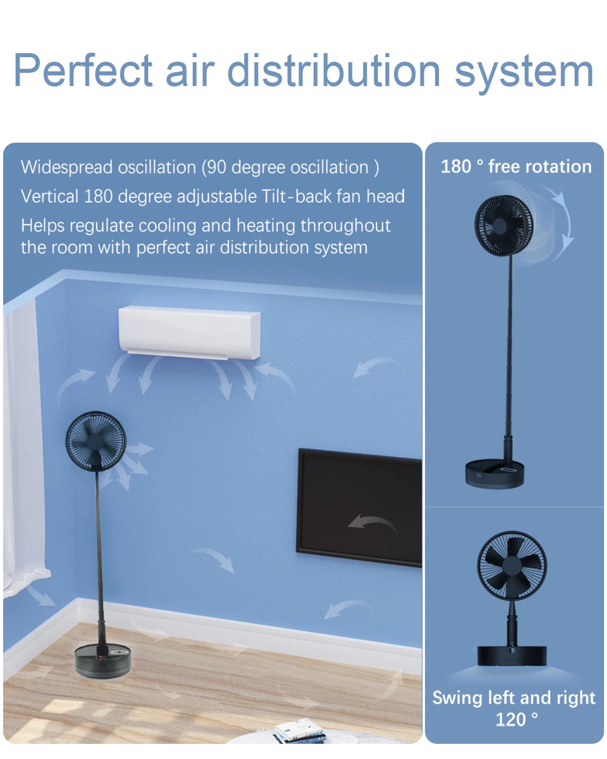 Foldable Fan Foldaway Oscillating with Remote Control 10800mAh Battery Operated Fans Portable for Outdoor Courtyard