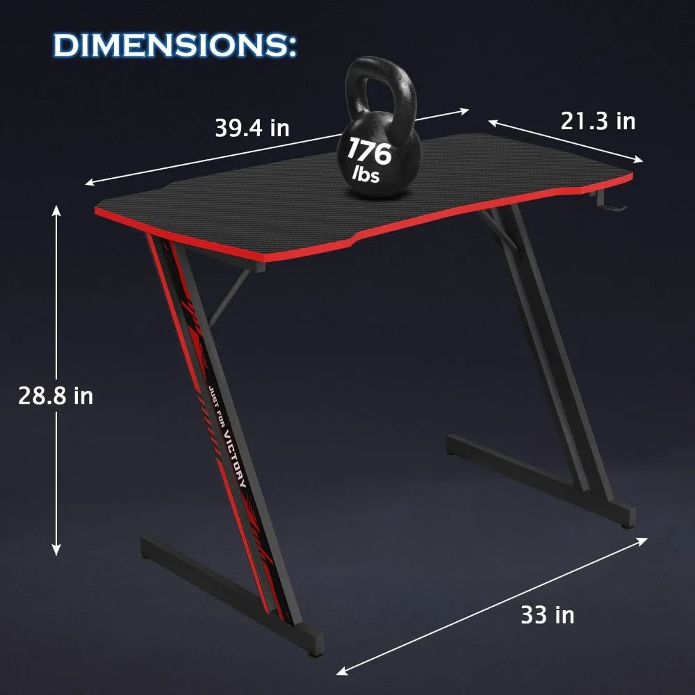 39 Inch Z-Shaped Gaming Desk Computer Desk for Home Office with Headphone Hook Sturdy Workstation Table with Spacious