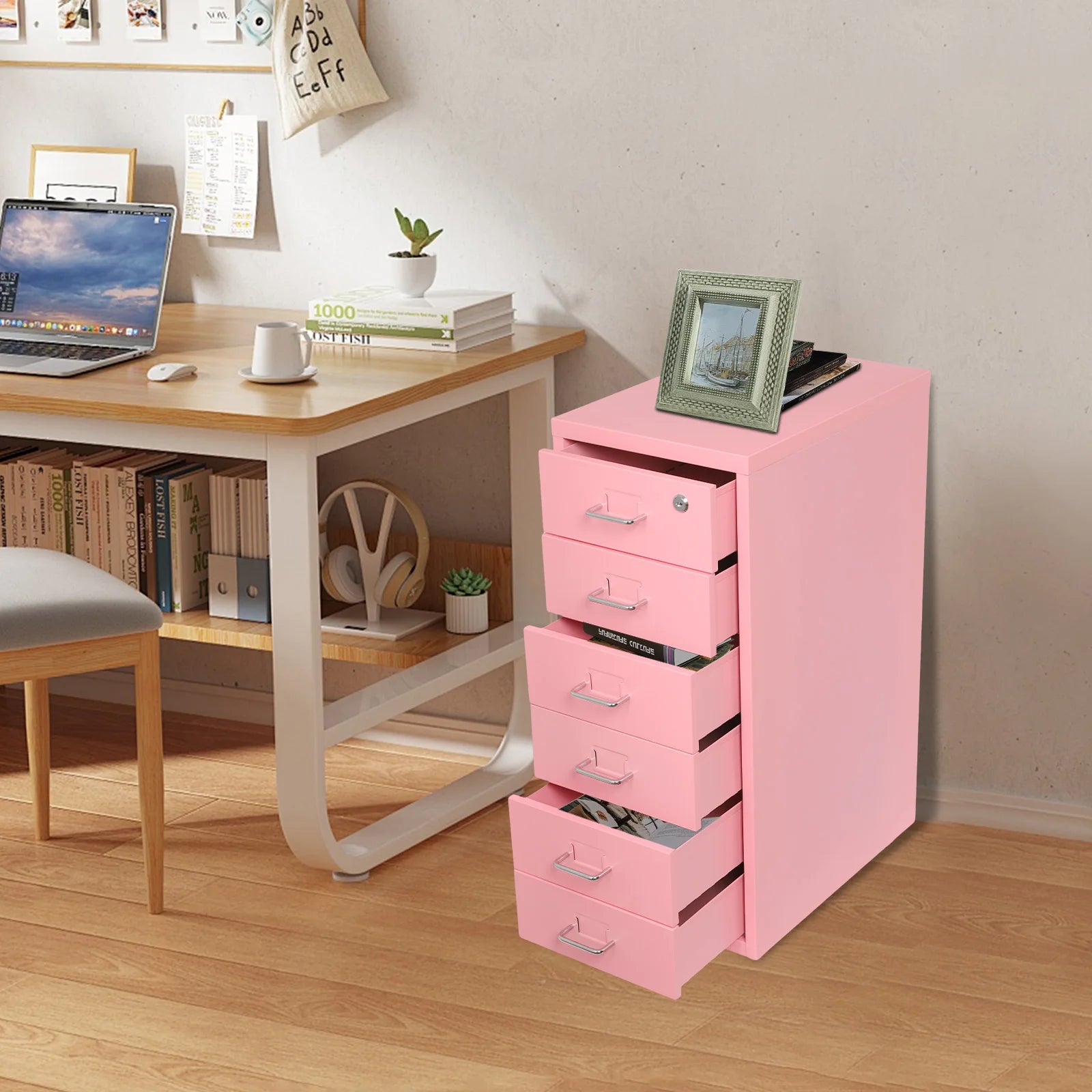 6 Tiers Cold-rolled Steel Filing Cabinet,Pink Metal File Cabinet with Lock 28*41*69cm Wipe with Soft Cloth
