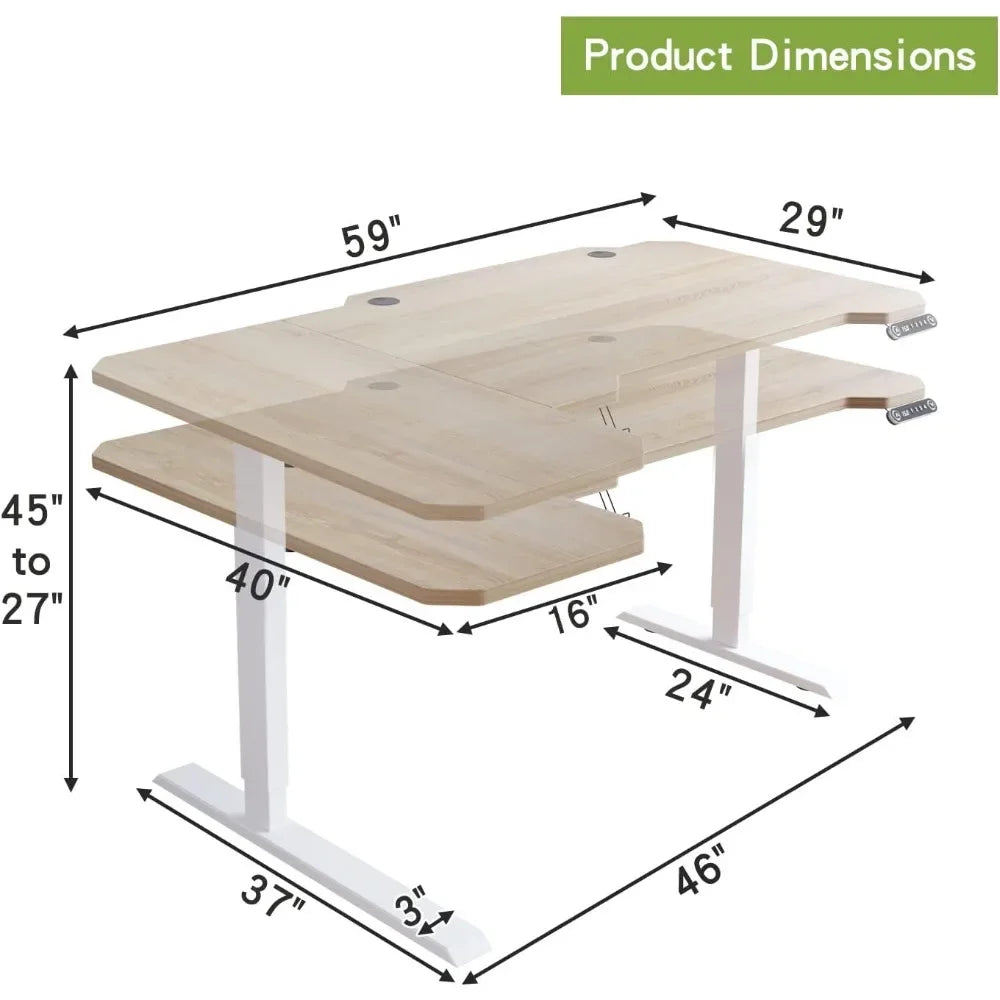 59-Inch Large Electric Height Adjustable Computer L-Shaped Desk with Memory Controller Corner Standing Desk Modern