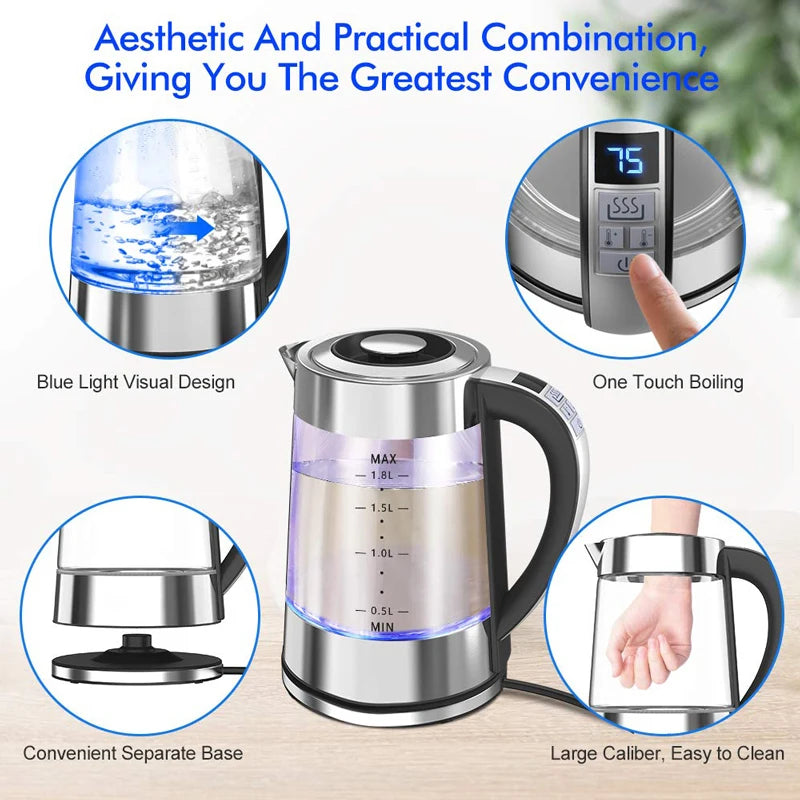Smart Thermostatic Glass Electric Kettle 1.8L Capacity Automatic Thermostat Suitable for Home Office Hotel