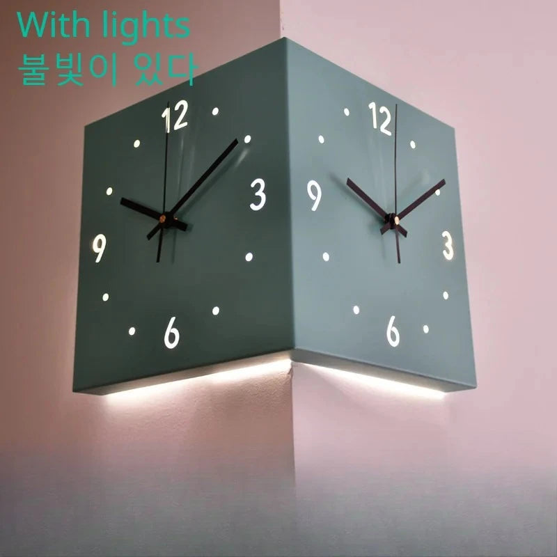 Creative Light Sensor Corner Wall Clock Square Simple Double Sided Wall Clock with Arabic Numeral Scale Analog Silent