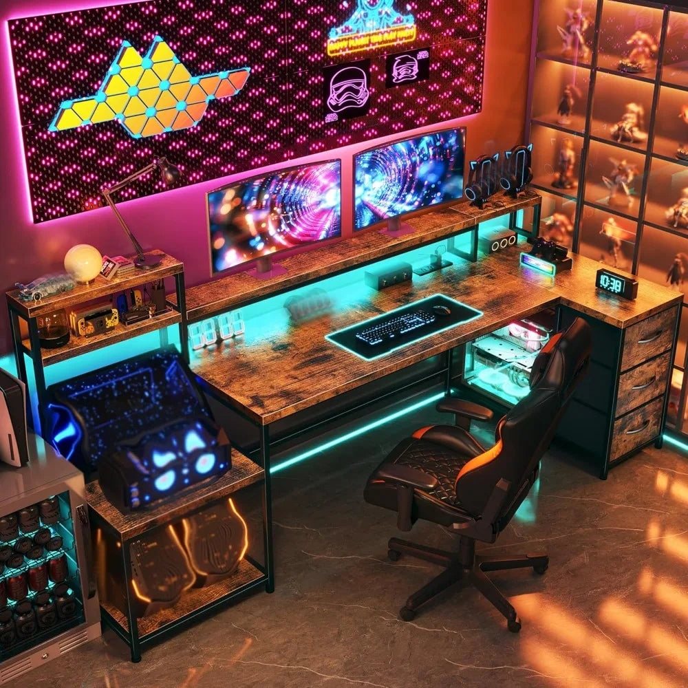 71’’ L Shaped Gaming Desk with LED Lights,Computer Desk with Drawers and Printer Shelf Power Outlet,Reversible Home