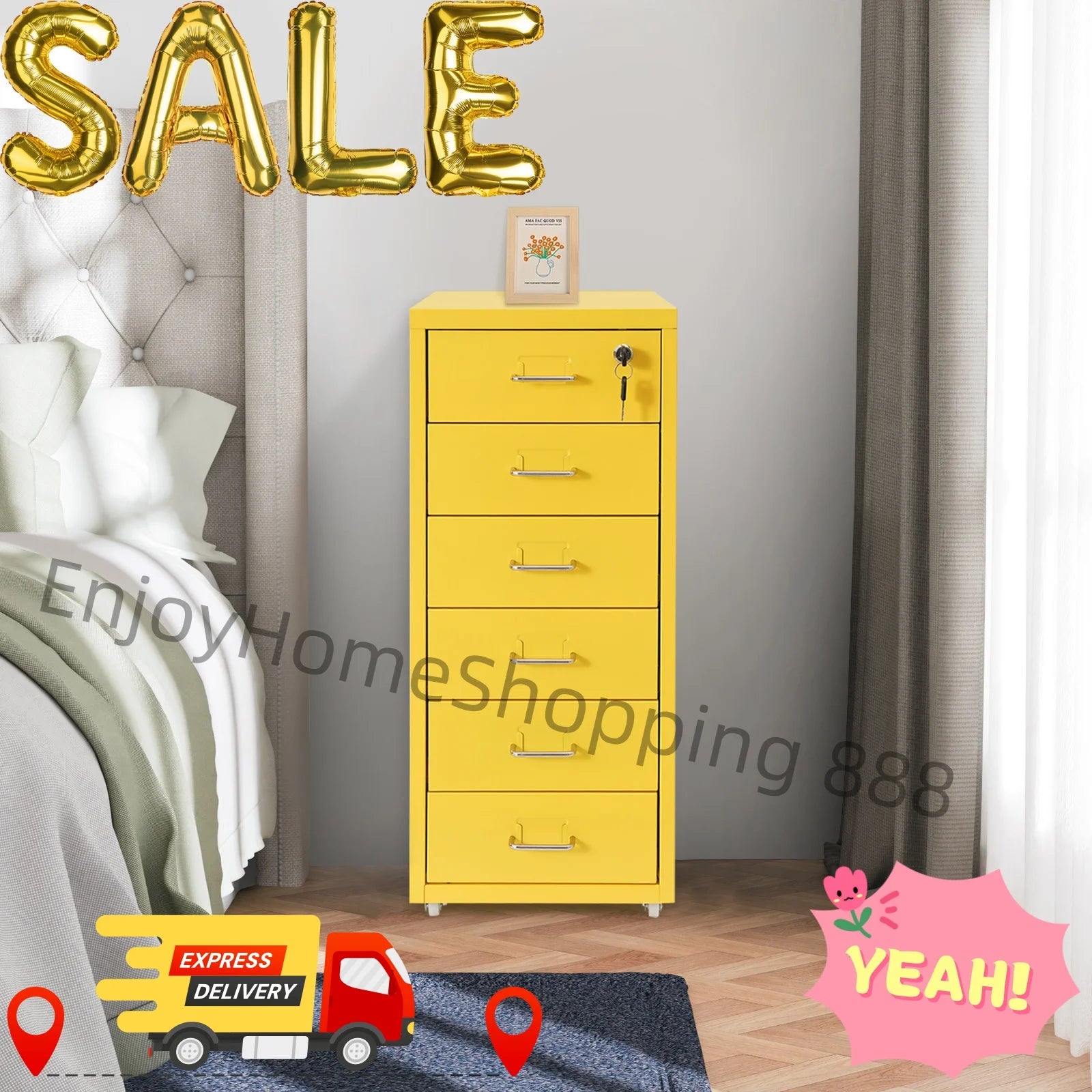 6-Layer Yellow Metal File Cabinet with Wheels - Mobile Storage for Offices Schools & Homes Ideal for Organizing