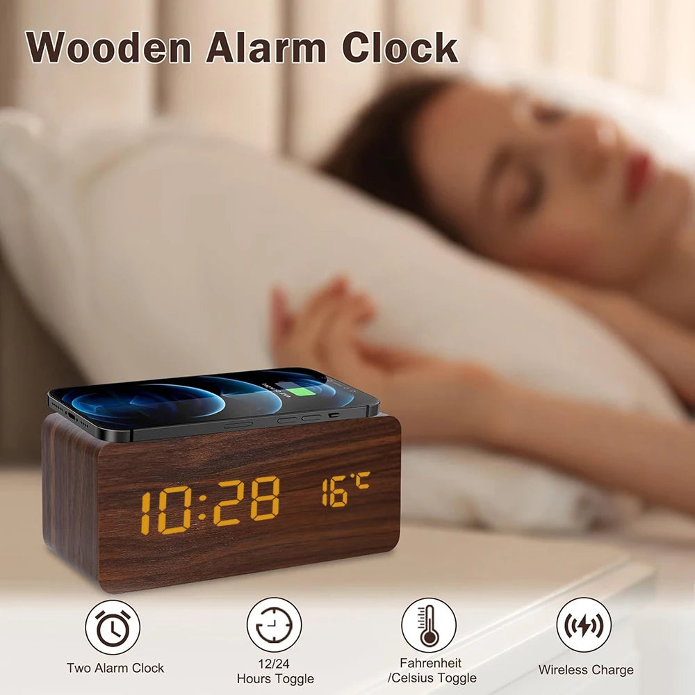 Wooden Digital Alarm Clock with Wireless Charging Temperature Display LED Desk Clock for Office Bedroom Bedside Décor