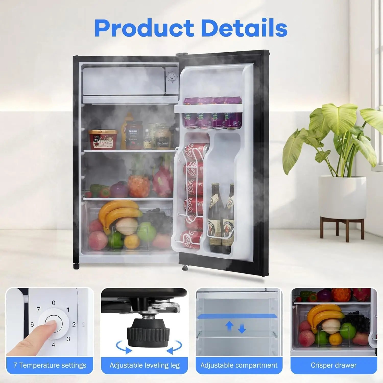4.3 Cu.Ft Mini Fridge With Freezer Single Door Small Refrigerator 7 Settings Temperature Adjustable Low Noise For Home