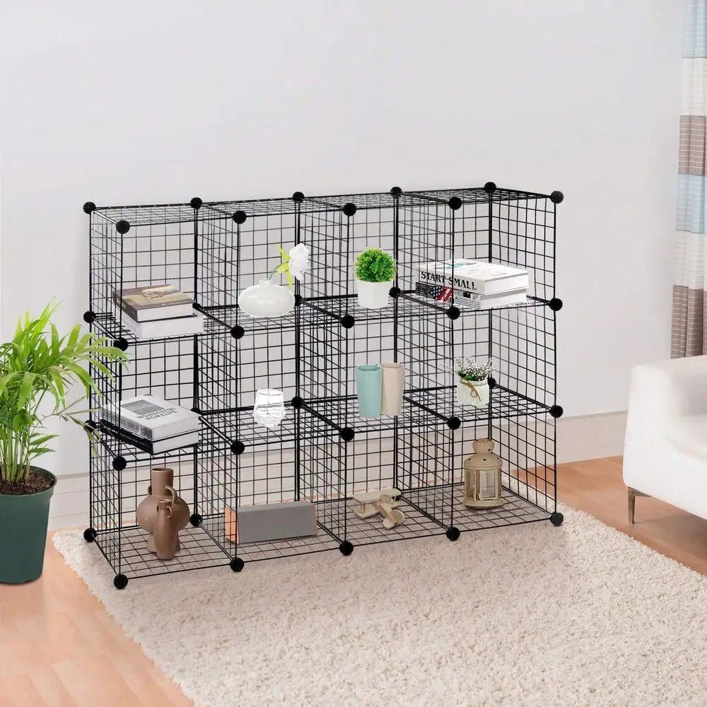 12-Cube Wire Cube Storage Organizer Shelving Wire Shelves Rack Modular Bookshelf - black / United States