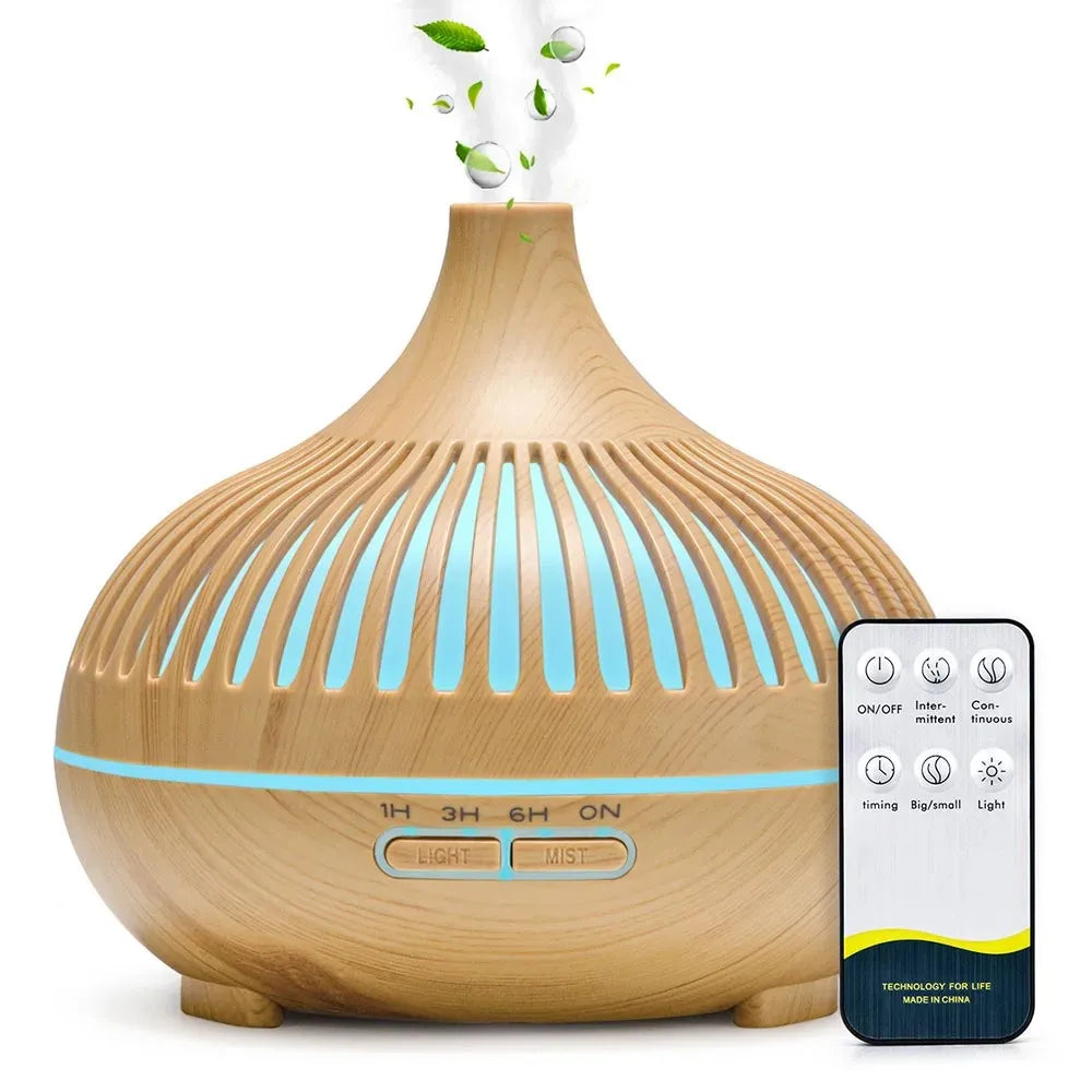 500ML Aromatherapy Essential Oil Diffuser Wood Grain Remote Control Ultrasonic Air Humidifier Cool with 7 Color LED
