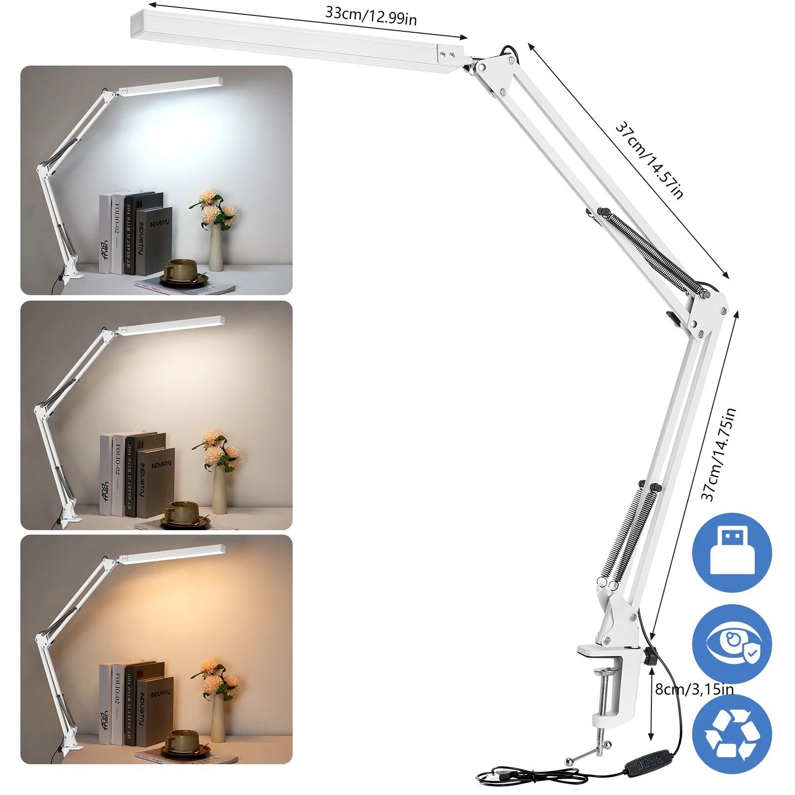33CM LED Desk Lamp Adjustable Foldable Double Swing Arm Light Eye-Caring For Dormitory Study Office Architect Task Lamp