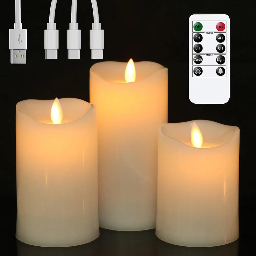 USB Rechargeable Flameless Electric Candles Moving Wick 3Pcs/Set Led Candles With Remote Home Bar Party Xmas Wedding