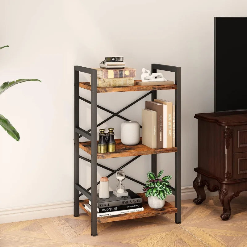 Bookshelf 3 Tier Industrial Bookcase Metal Small Bookcase Suitable for living room and bedroom.