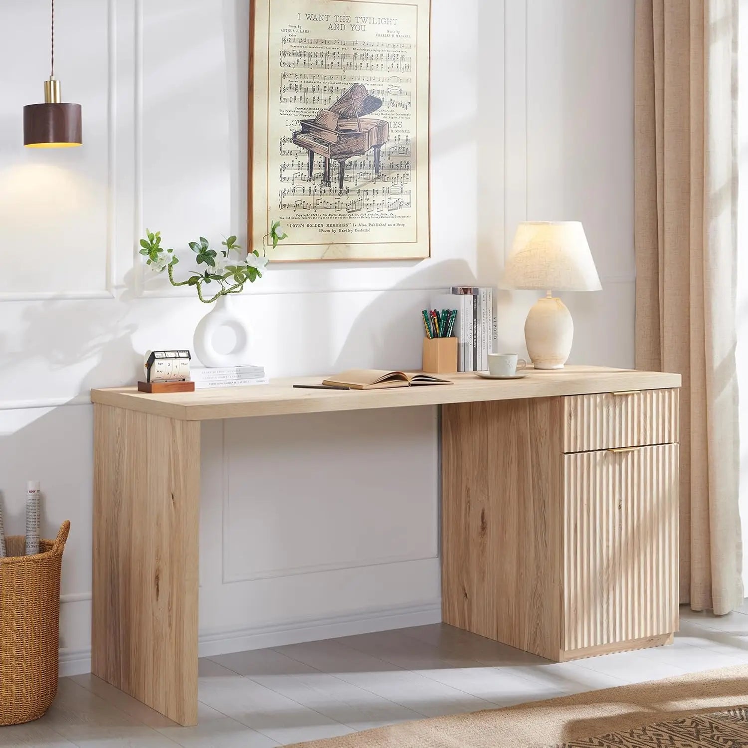 60’’ Modern Executive Desk with Storage Wood Home Office Desk with Drawer & Cabinet Fluted Computer Writing Desk