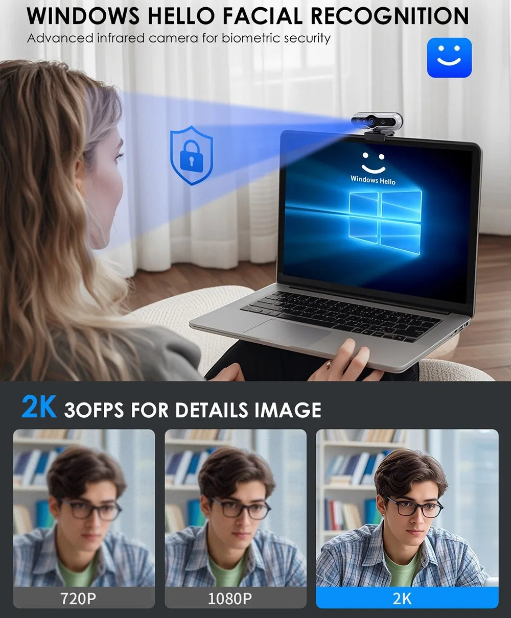 TOALLIN Face Recognition Login PC Camera 2K 1080P Windows Hello Webcam Camera for Laptop Desktop USB Camera