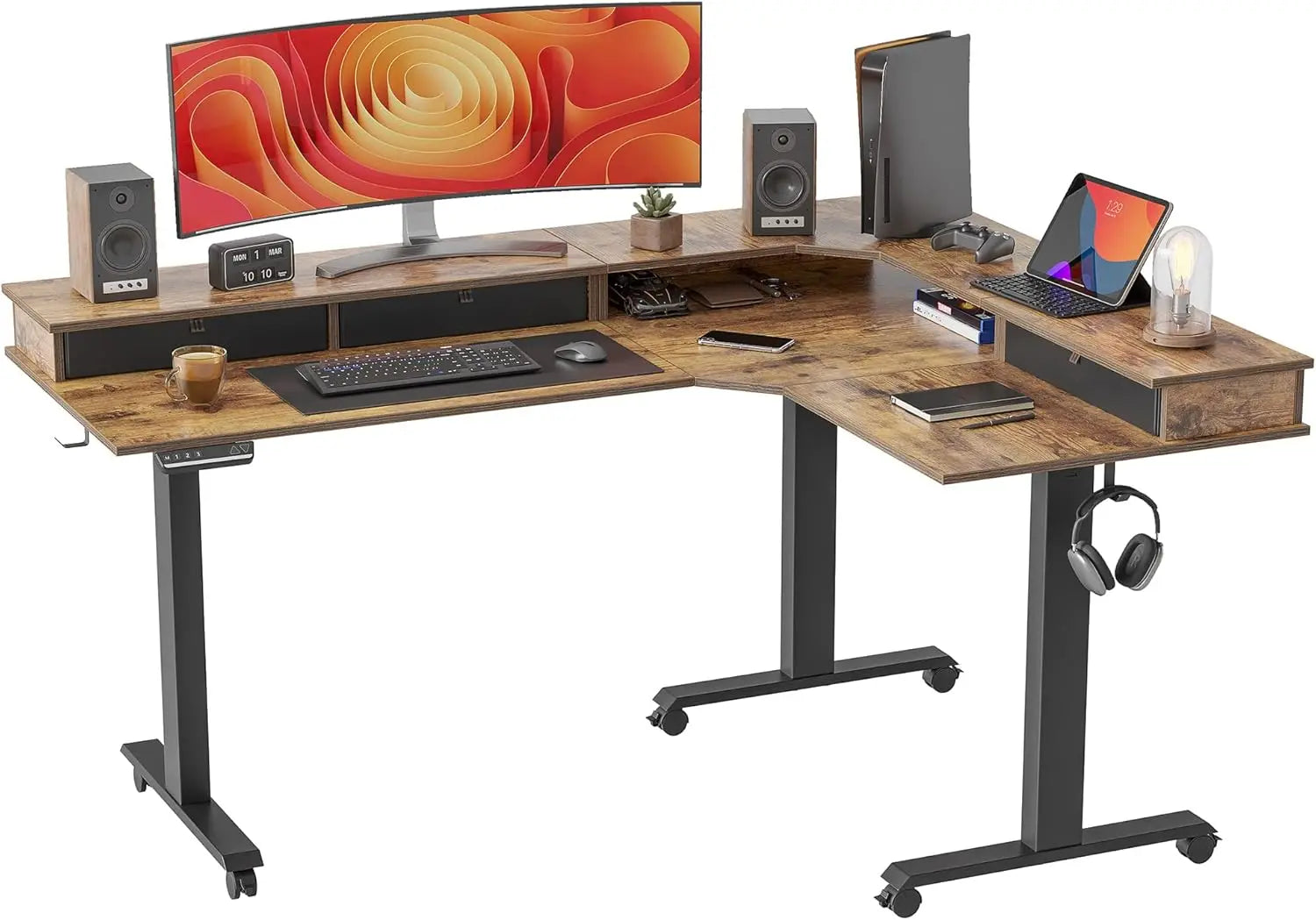 L Shaped Standing Desk with Drawers Exclusive Upgraded 3 Motors Support 330LBS Electric Height Adjustable L Standing