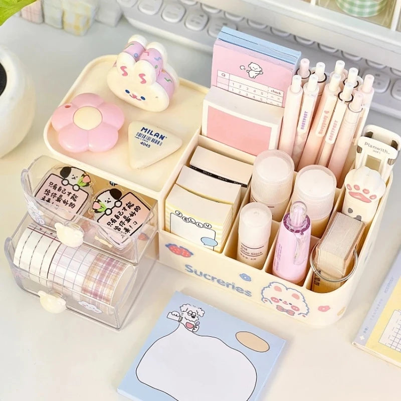 2024 New Desktop Storage Box Organizer Cute Bear Handle Drawer Type Desk Organizer Multi-grid Pen Holder with Kawaii