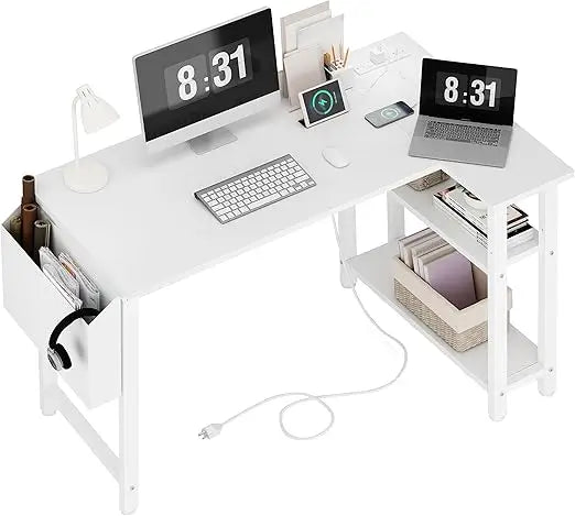 Compact 40 Inch L-Shaped Desk with Power Outlet Storage for Home Office in Small Spaces - United States / White