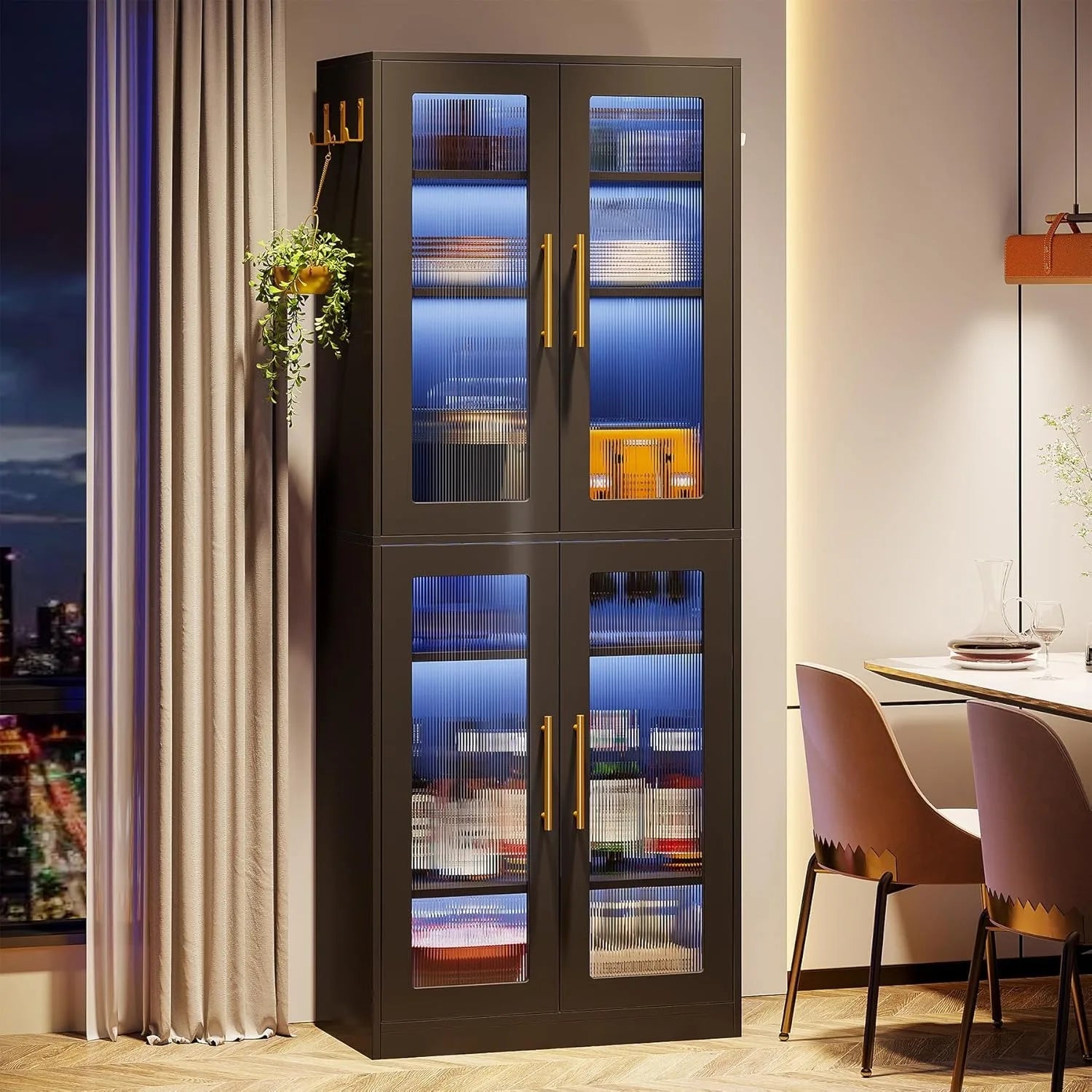 Bookcase with Doors and LED Light 67-inch Tall Bookshelf with 8-Tier Shelves for Living Room Bathroom Office Kitchen