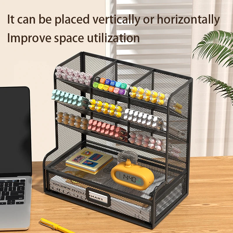 Desk Organizer Mesh Desktop Office Supplies Pen Holder Stationery Holder with 9 Compartments and 1 Drawer for Office