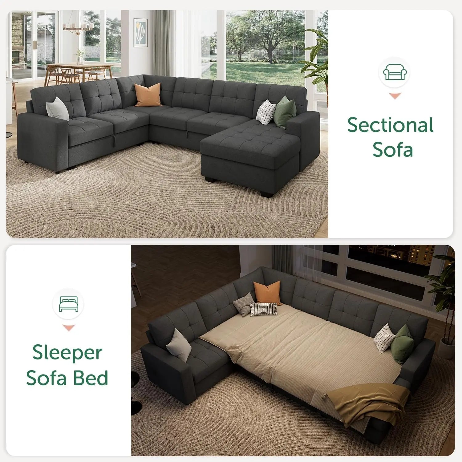 Sectional Sleeper Sofa Pull Out Bed with Storage Chaise Sectional Sofa Couch Sleeper Couch Bed for Living Room Dark