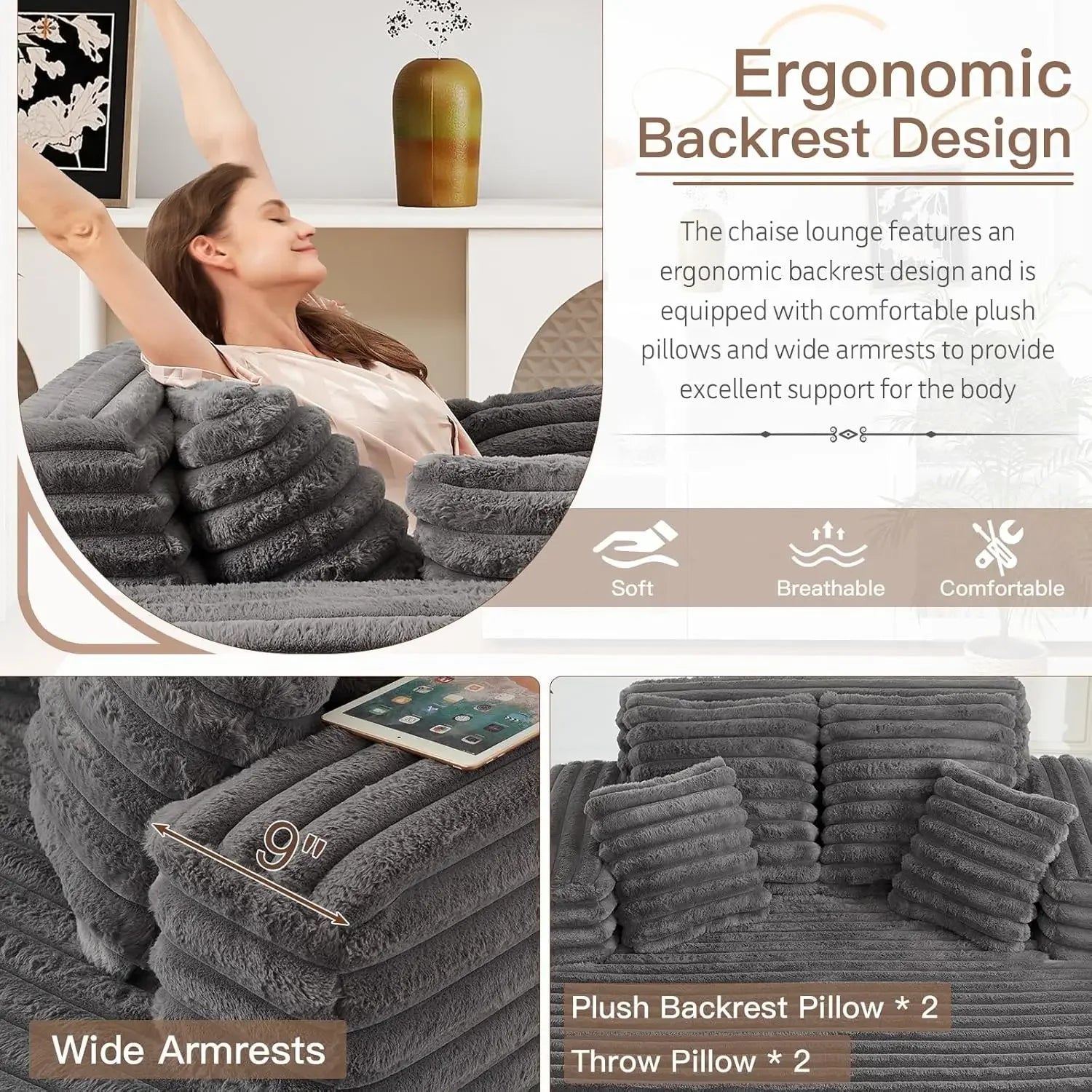 [Limited Stock!]56’’W Oversized Chaise Lounge Chair Indoor,Plush Faux Fur Sleeper Sofa Couch Bed with Pillows&Wide