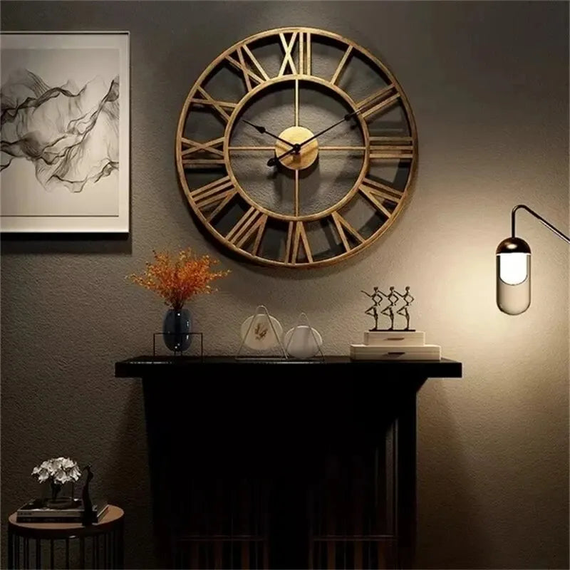 Modern 3D Large Wall Clocks Roman Numerals Retro Round Metal Iron Accurate Silent Nordic Hanging Ornament Living Room
