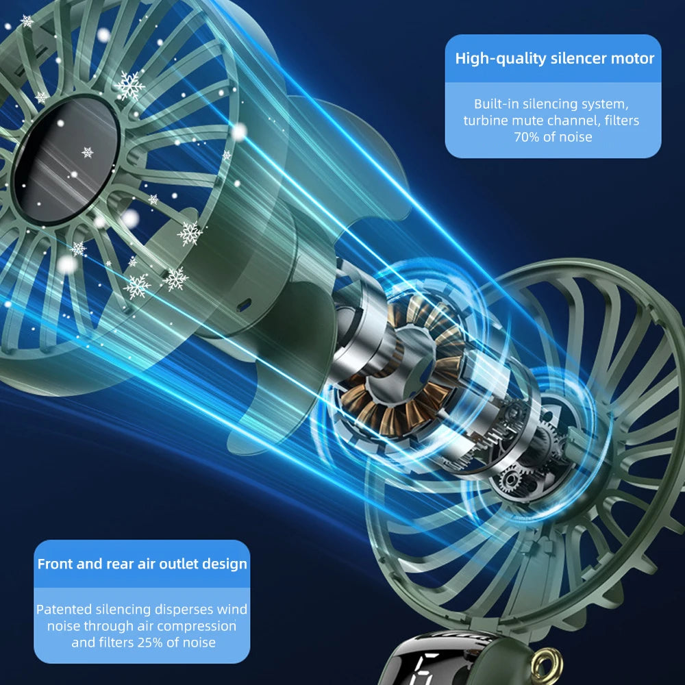 2PCS Mini Handheld Fan 6 Speed USB Rechargeable Portable Foldable Desk Neck Hanging Fan with Phone Stand - green